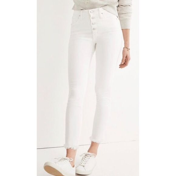 Madewell 10" High Rise Skinny Crop Jeans Button Fly Frayed Hem White Denim 26 - Picture 1 of 7